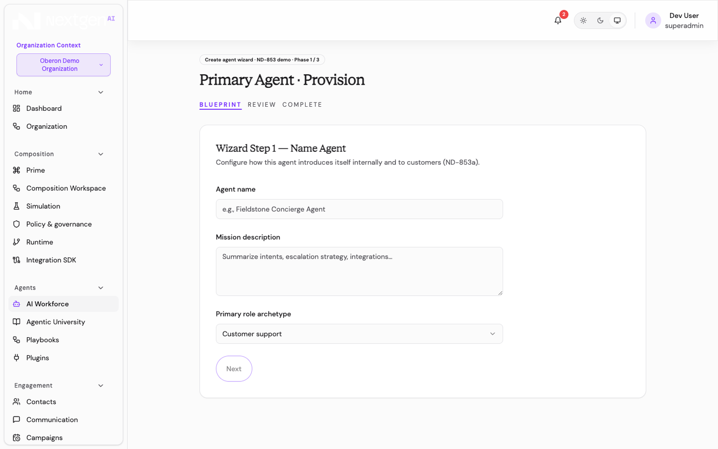 Agent creation wizard, first step, naming the agent.