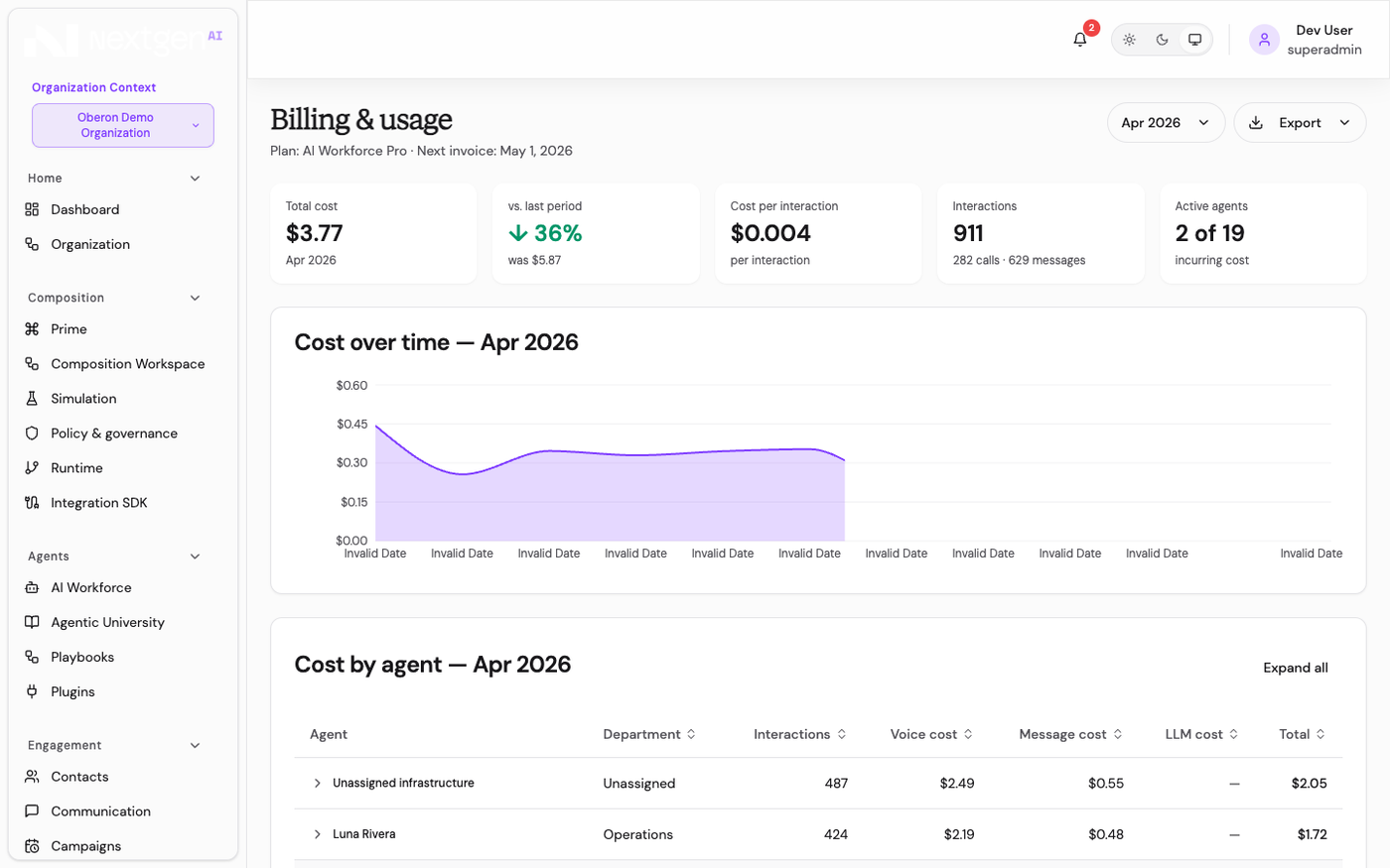 Billing dashboard with quota and usage visibility.