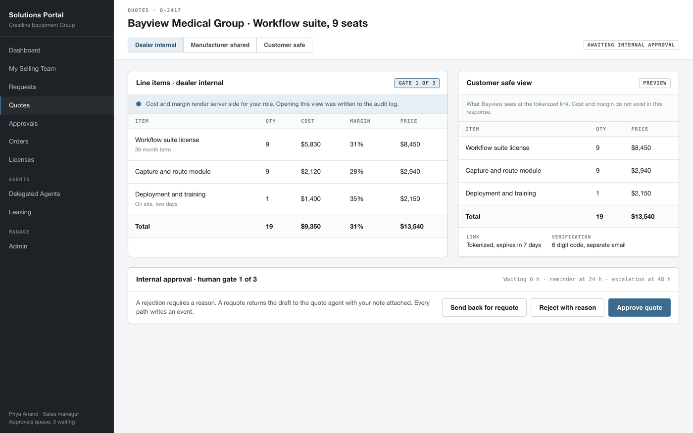 Quote screen with the dealer view, cost and margin included, beside the customer view, which has neither. Rebuilt with made-up data.