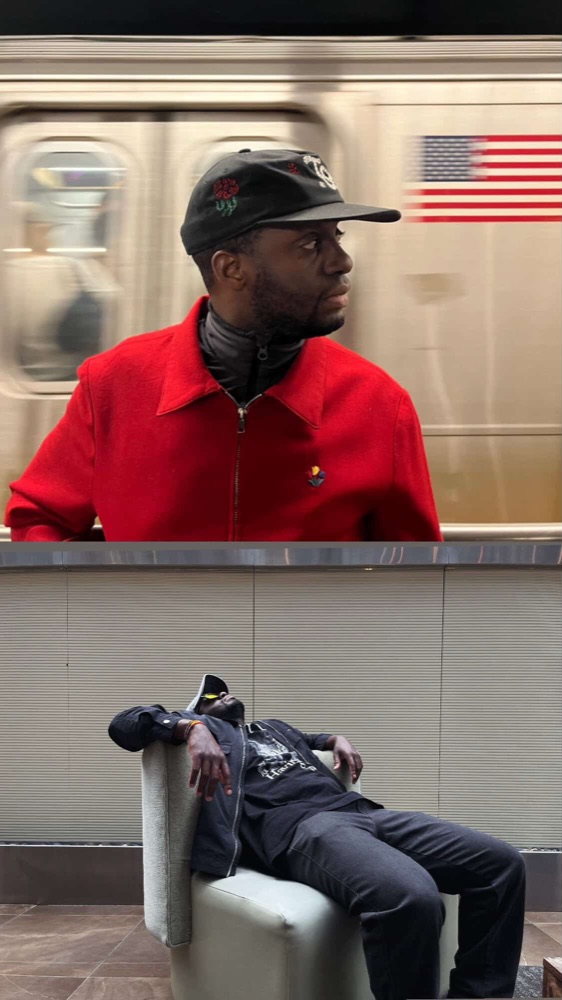 Two portraits of George Kavuma in New York: on a subway platform in a red jacket as a train blurs past, and resting in an armchair in a building lobby.