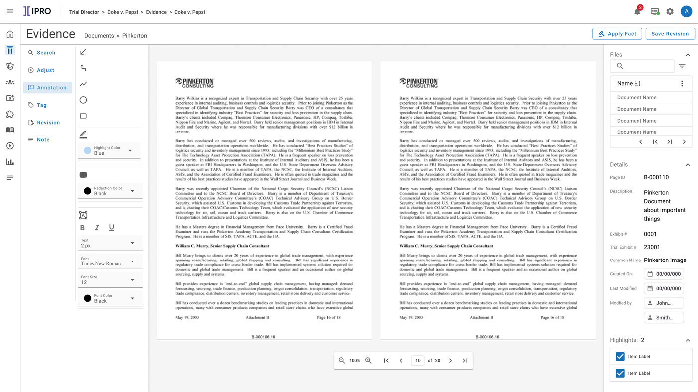 Side-by-side annotation surface showing two versions of an exhibit with the annotation tool active.