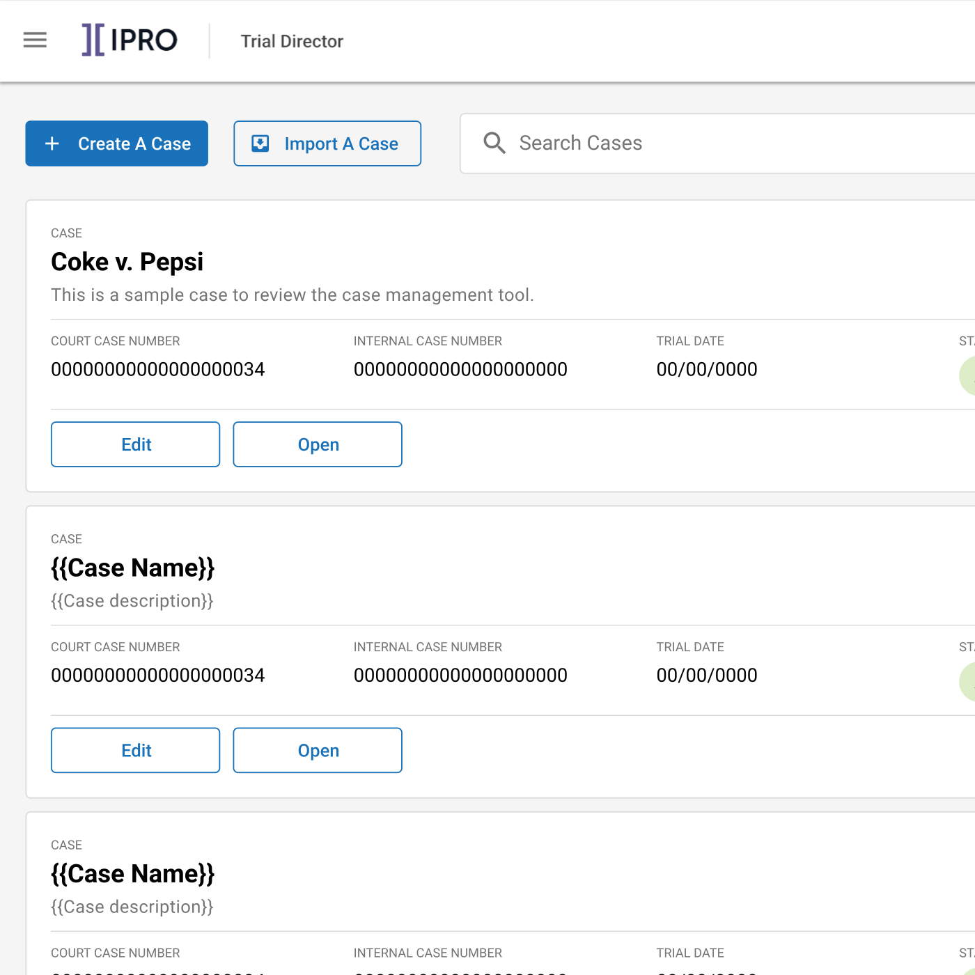 TrialDirector case selection surface for a litigation team.